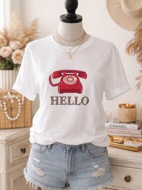 Comfort Colors White Tee with Red Telephone Graphic